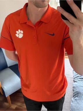 Nike Dry-Fit Men’s Clemson Orange Polo with White Paw and Navy Swoosh